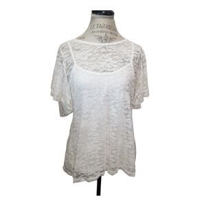 Shannon Ford NEW YORK White Lace Floral Design Blouse w. Attached Tank Top